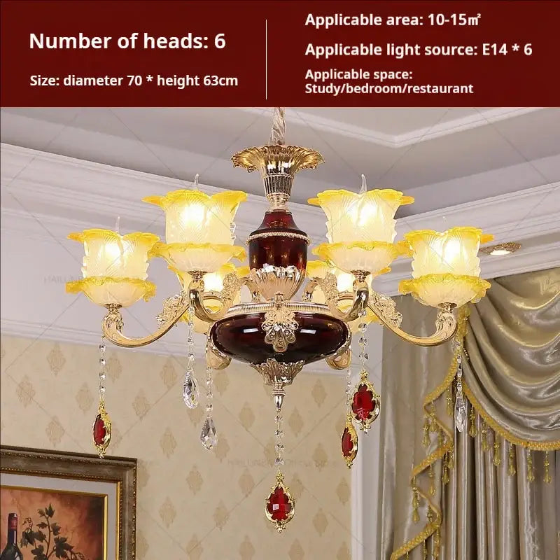 Elegant six-head gold crystal chandelier with amber glass shades and red gemstone pendants for living room decorbites elegant crystal