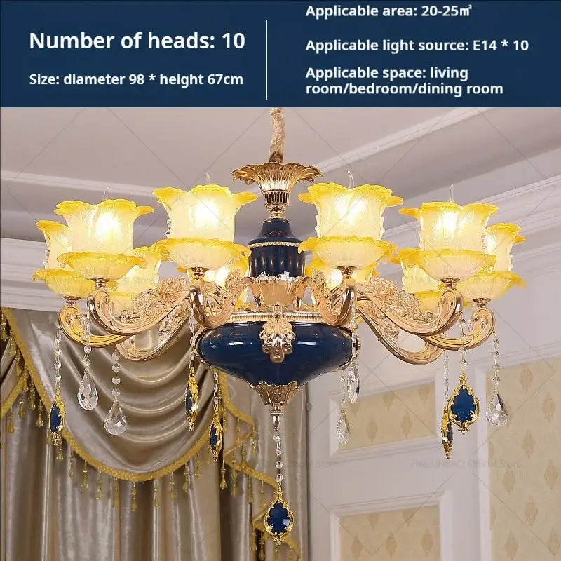 Elegant gold and blue crystal chandelier decorbites elegant with ten yellow glass flower-shaped lights for living room lighting