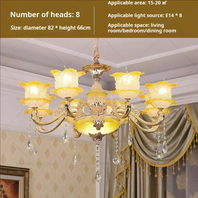 Elegant gold and blue crystal chandelier featuring eight yellow glass flower-shaped shades and dangling crystal droplets for living room decorbites elegant crystal lighting