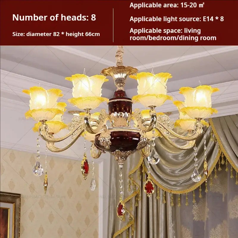Elegant gold and blue crystal chandelier with eight yellow glass flower shades and crystal droplets by decorbites elegant crystal