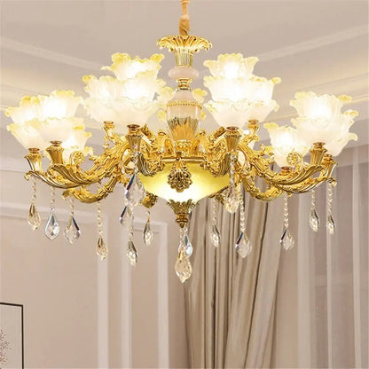 Gold-toned decorbites elegant crystal chandelier with floral arms, frosted flower shades, and blue crystal pendants for living room lighting