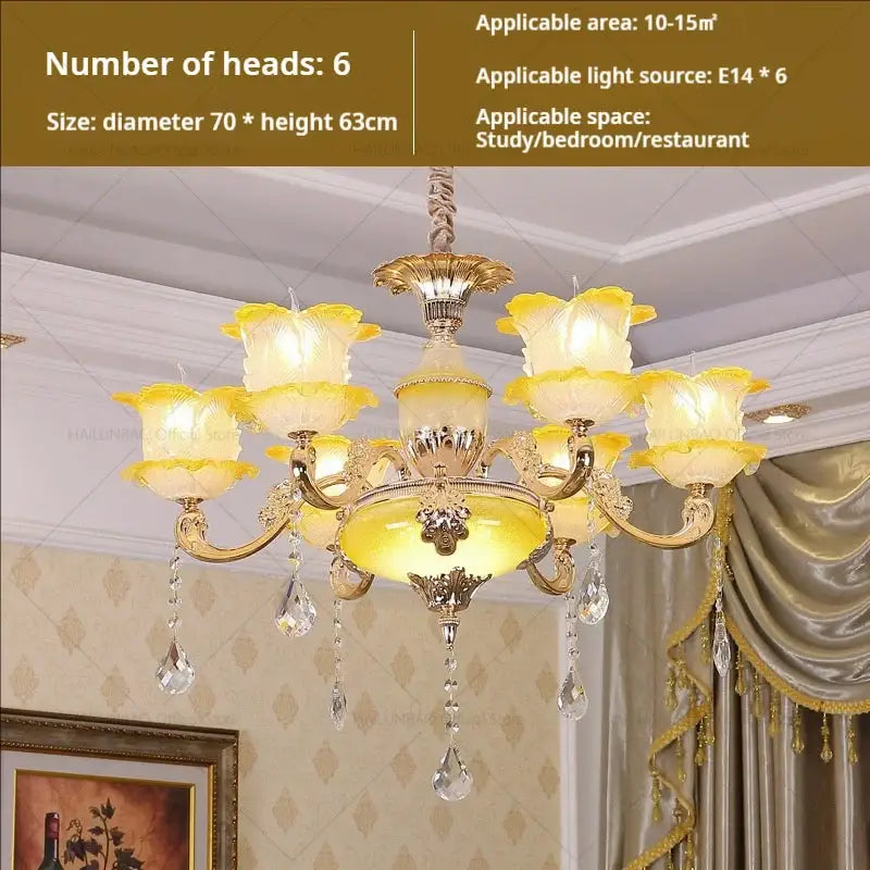 Elegant crystal chandelier with gold-toned frame, six yellow glass flower shades, and crystal droplets for living room decorbites elegant