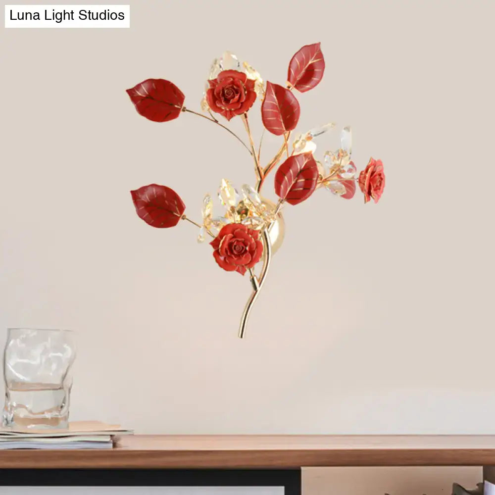Elegant gold branch wall lamp with sculpted red rose blossoms and clear crystals direct wired electric for bedroom sconce lighting