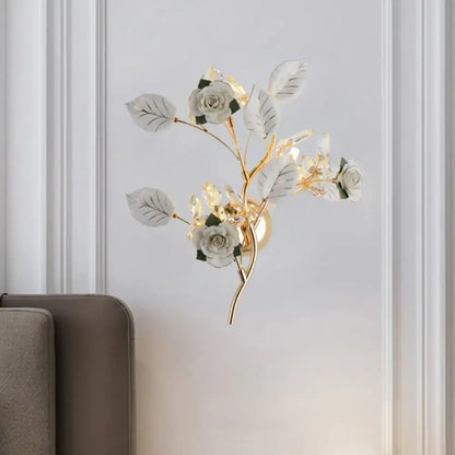 Elegant gold branch wall lamp with white rose and crystal accents direct wired electric sconce lighting for bedroom