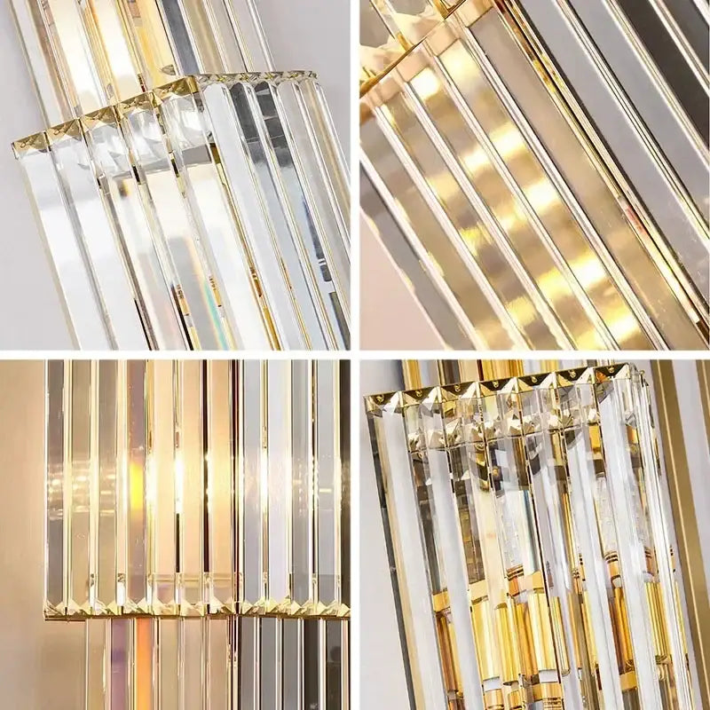Elegant gold cascading crystal wall lamp with vertical prismatic bars for living room decorbites crystal wall lamp