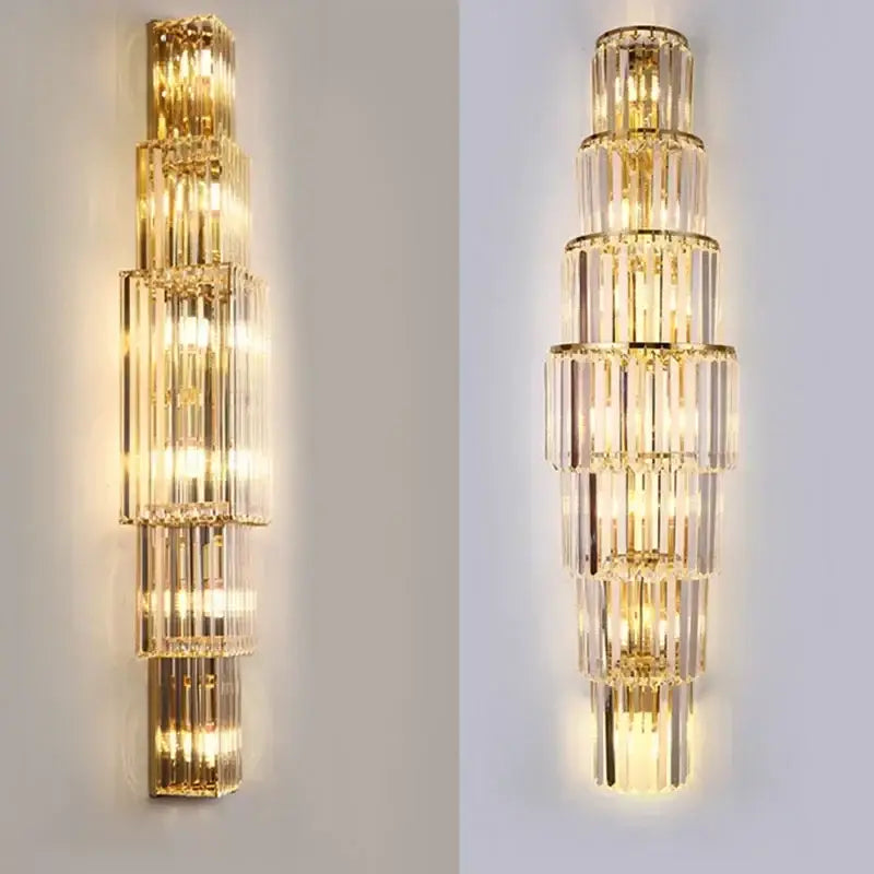 Elegant gold cascading crystal wall lamp with tiered cylindrical glass segments and metallic frames for living room decorbites crystal wall lamp