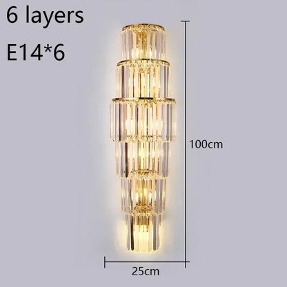 Elegant gold cascading crystal wall lamp with six tiers of clear crystal rods in a gold-toned metal frame for living room decor