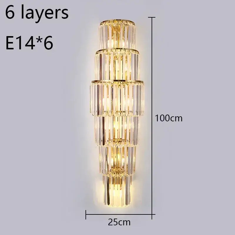 Elegant gold cascading crystal wall lamp with six tiers of clear crystal rods in a gold-toned metal frame for living room decor