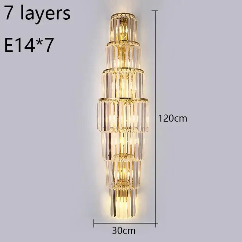 Elegant gold cascading crystal wall lamp featuring seven tiers of clear rods for sophisticated living room decorbites wall lamp
