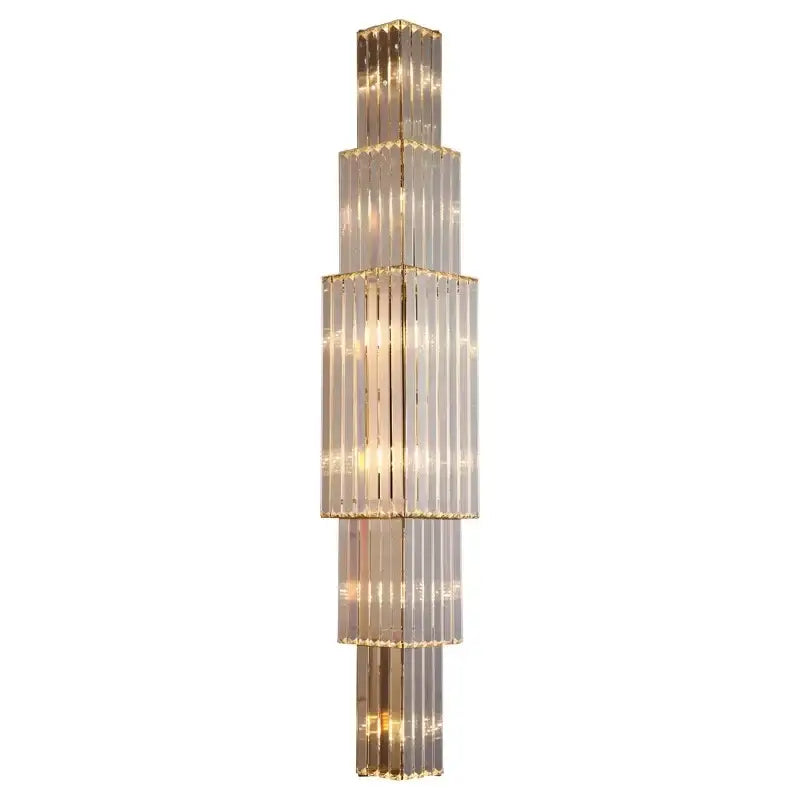 Elegant gold cascading crystal wall lamp with tiered rectangular glass panels and metallic frame for living room decorbites crystal wall