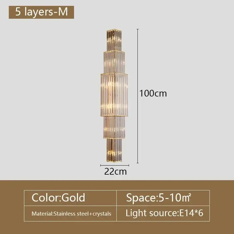 Elegant gold cascading crystal wall lamp featuring five stacked tiers of clear crystals and stainless steel frame for decorbites crystal wall decor