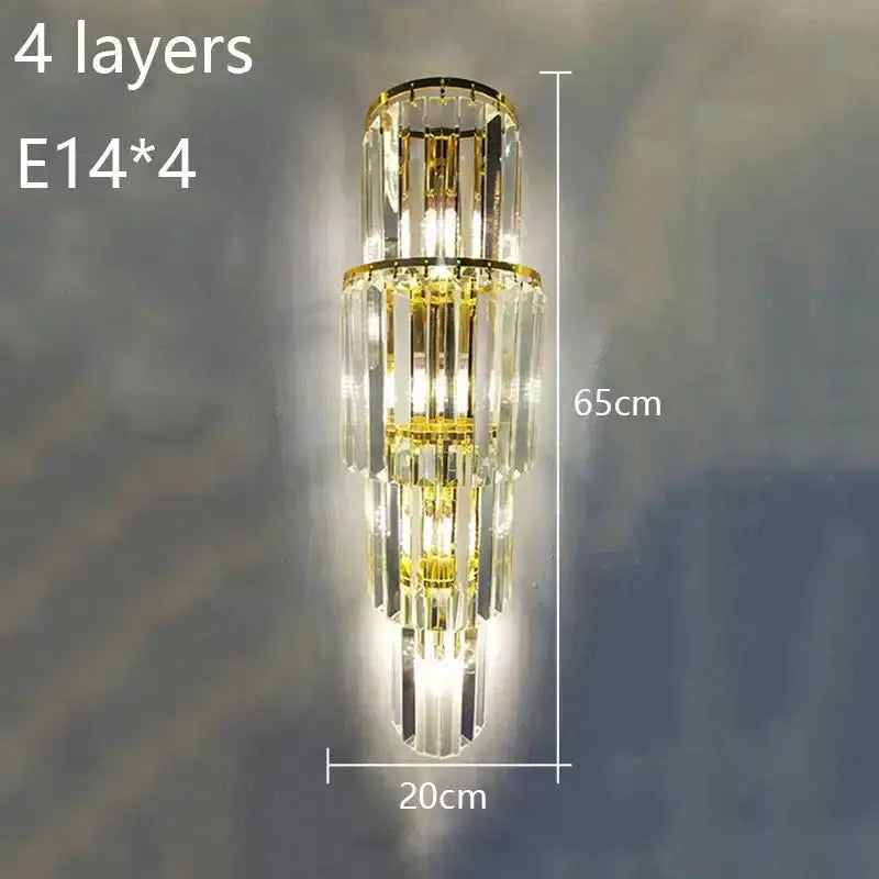 Elegant gold cascading crystal wall lamp with four tiers of clear crystal prisms and illuminated e14 bulbs for living room decorbites crystal wall lamp