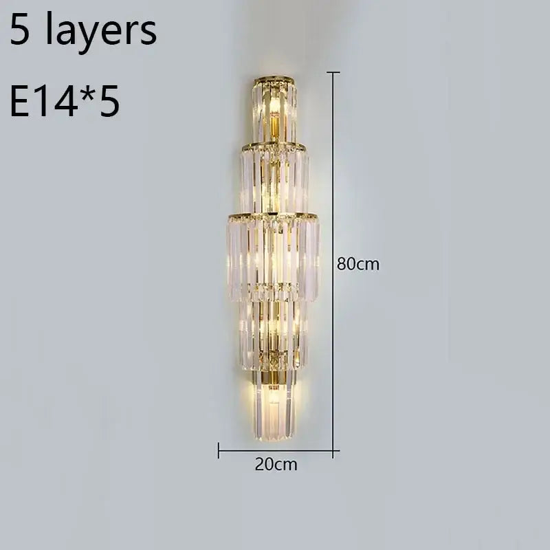 Elegant gold wall lamp featuring five tiers of clear crystal rods illuminated by e14 bulbs for living room decorbites crystal wall lamp