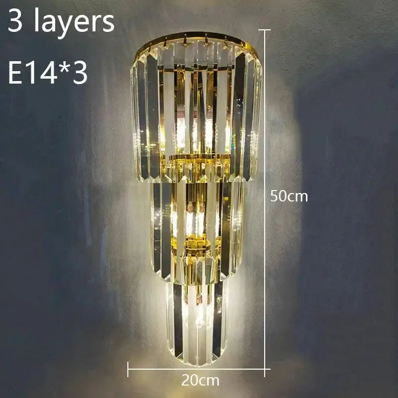 Elegant gold wall lamp with three tiers of clear faceted crystal bars and e14 bulbs for living room decorbites crystal wall