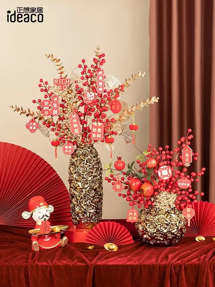 Decorbites elegant gold ceramic rose vase with gold pattern featuring red berries and festive ornaments centerpiece decor