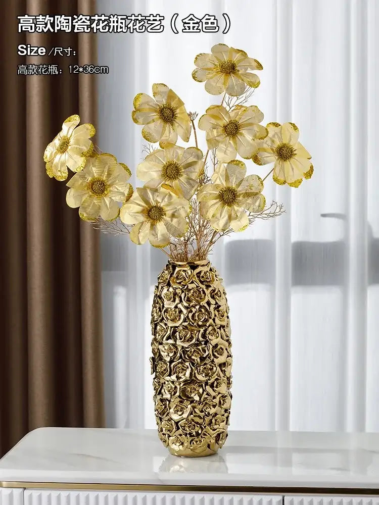Elegant gold ceramic vase with gold ceramic rose texture holding gold-tinted artificial flowers for decorbites decorbites elegant gold