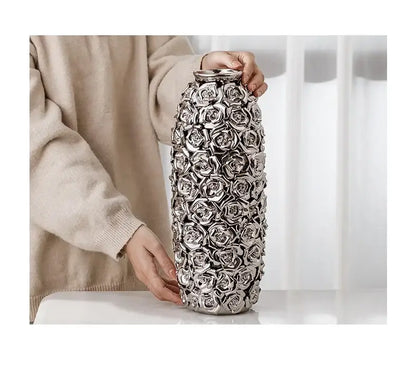 Silver ceramic vase with dense three-dimensional rose motifs for decorbites elegant gold wedding centerpiece