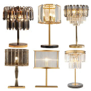 Six elegant gold-toned decorbites crystal bar table lamps with glass shades and marble bases for dining room decor