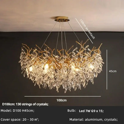Elegant gold crystal branch chandelier featuring cascading crystal leaves and a central aluminum fixture for dining room decorbites crystal branch