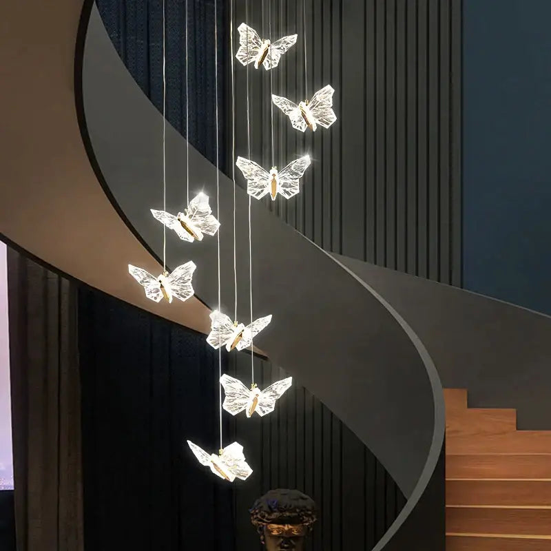 Elegant gold crystal butterfly ladder pendant lights with translucent wings and gold centers for stair decorbites butterfly ladder