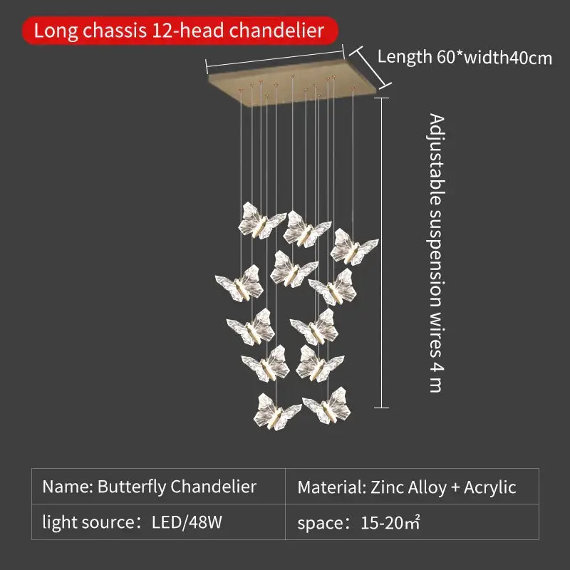Elegant gold crystal butterfly ladder pendant lights with 12 clear acrylic butterflies on adjustable zinc alloy wires for decorbites butterfly ladder design