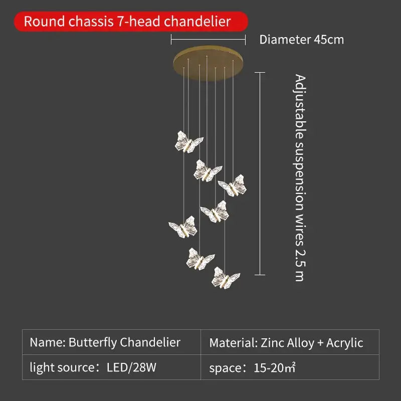 Elegant gold crystal butterfly ladder pendant lights with seven translucent butterfly fixtures for stair decorbites butterfly ladder