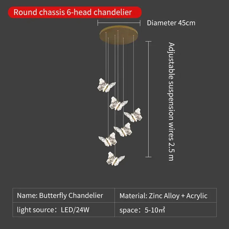Elegant gold crystal butterfly ladder pendant lights featuring six translucent wings suspended by adjustable wires