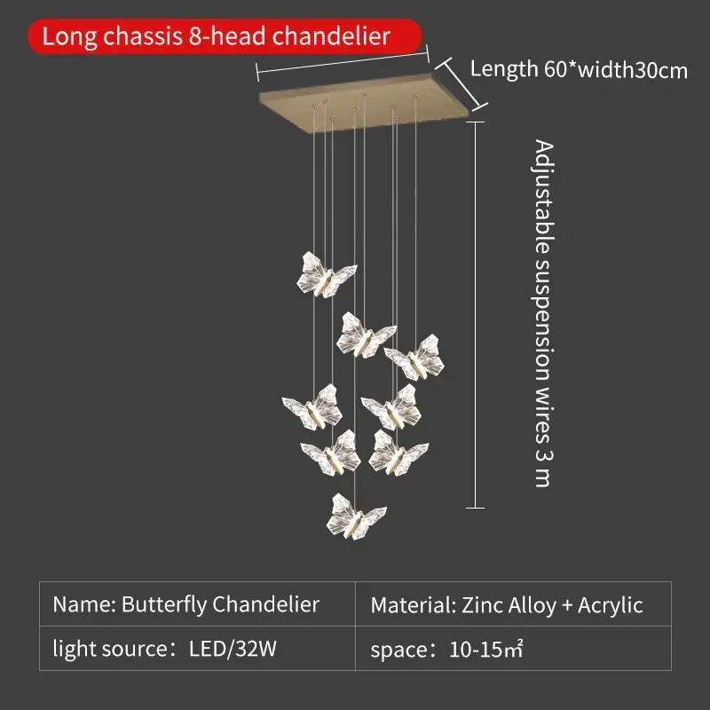 Elegant gold crystal butterfly ladder pendant lights featuring eight winged figures with led lighting and adjustable suspension wires