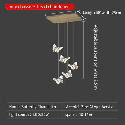 Elegant gold crystal butterfly ladder pendant lights with five translucent crystal butterflies and sleek metallic base