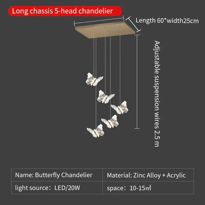 Elegant gold crystal butterfly ladder pendant lights with five translucent crystal butterflies and sleek metallic base