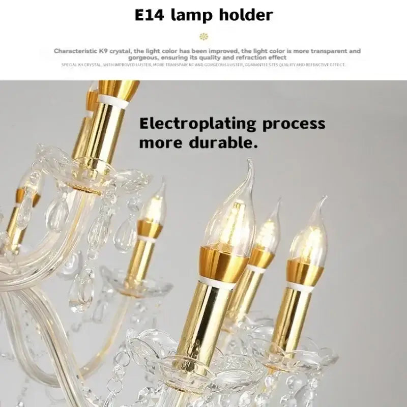 Gold-finished e14 lamp holder with clear crystal accents in elegant decorbites crystal candelabra pendant chandelier
