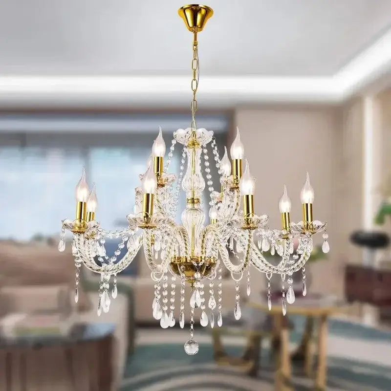 Elegant gold crystal candelabra pendant chandelier with clear crystal droplets and candle-style bulbs for dining room decorbites crystal candelabra