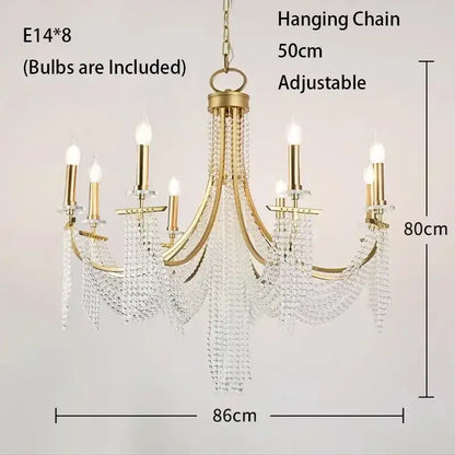 Elegant gold crystal candle chandelier with eight candle-style bulbs and cascading clear beads for dining room decorbites crystal candle