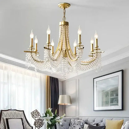 Elegant gold crystal candle chandelier with crystal droplets and candle-style bulbs for dining room decorbites crystal candle