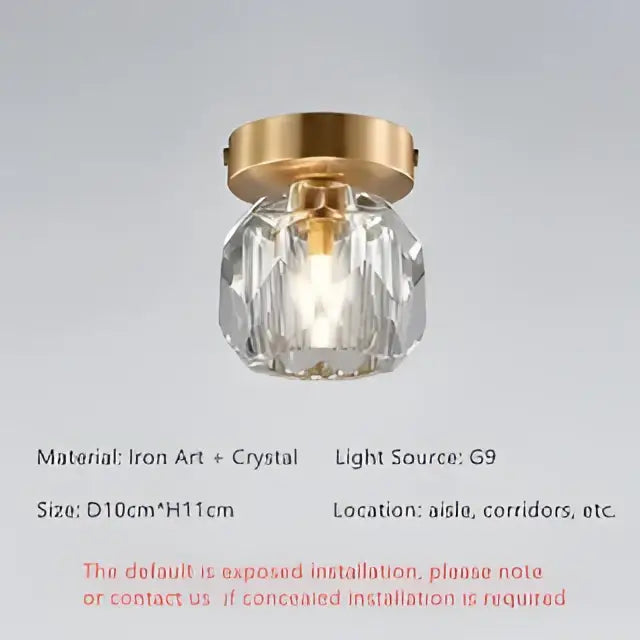 Elegant gold ceiling light fixture featuring a faceted crystal globe, ideal for hallway entrance lighting