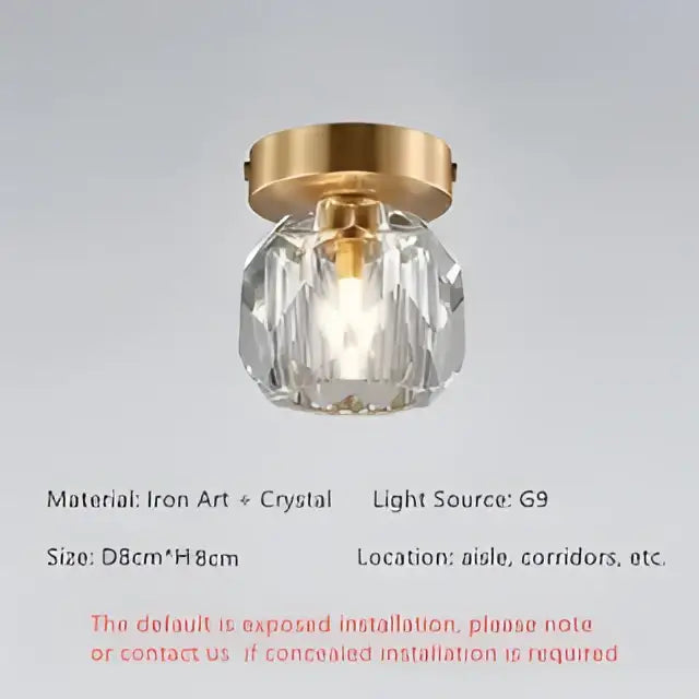Elegant gold ceiling light fixture featuring a faceted crystal globe and iron art base for hallway entrance