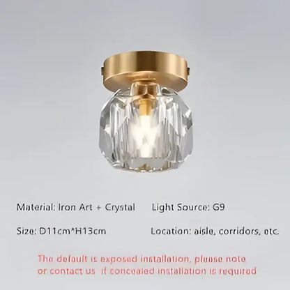Elegant gold ceiling light fixture with faceted crystal globe and iron base for hallway entrance lighting