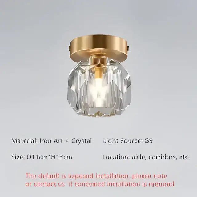 Elegant gold ceiling light fixture with faceted crystal globe and iron base for hallway entrance lighting