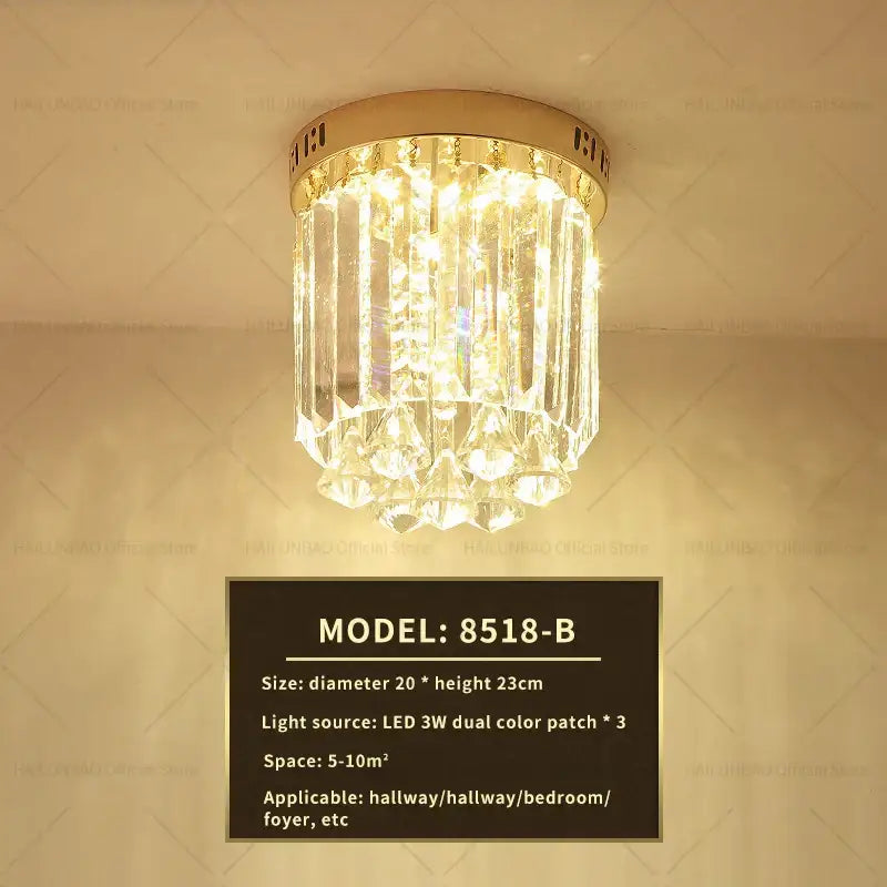 Elegant gold crystal ceiling light with clear glass prisms and circular brass base for hallway decorbites elegant crystal