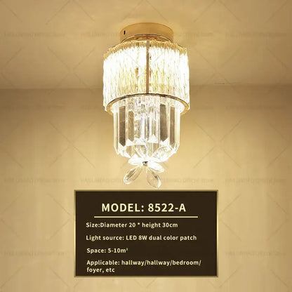 A decorbites elegant crystal ceiling light with gold-toned metal frame and cascading clear glass prisms for hallway decor