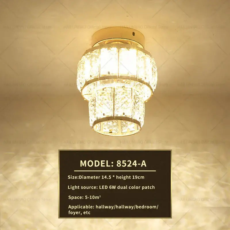Elegant gold crystal ceiling light with tiered clear glass prisms and led dual-color illumination for hallway decorbites elegant crystal