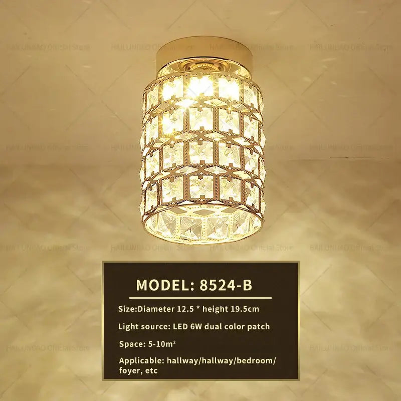 Elegant gold crystal ceiling light with cylindrical design and led lighting for hallway decorbites elegant crystal