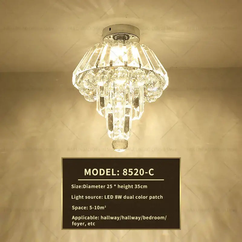 Elegant crystal ceiling light with sleek chrome base and cascading glass prisms for hallway or bedroom decorbites elegant crystal