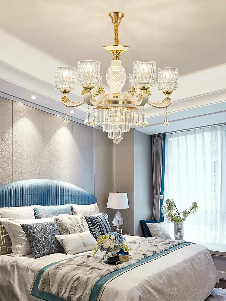 Elegant gold crystal chandelier with intricate glass shades and dangling crystals for dining room decorbites elegant crystal