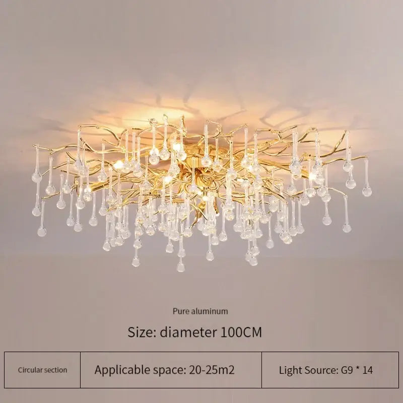 Elegant gold crystal chandelier with branch-style design clear crystal droplets and pure aluminum frame for living room decorbites elegant gold