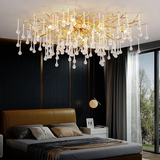 Elegant gold crystal chandelier with branch-style design and dangling crystal droplets for living room decorbites elegant gold decor