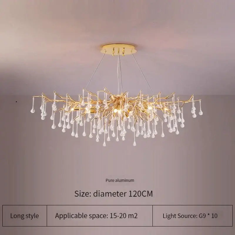 Elegant gold crystal chandelier with branching tree-like design and clear crystal droplets for living room decorbites elegant gold