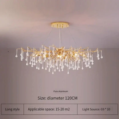 Elegant gold crystal chandelier with branching tree-like design and clear crystal droplets for living room decorbites elegant gold