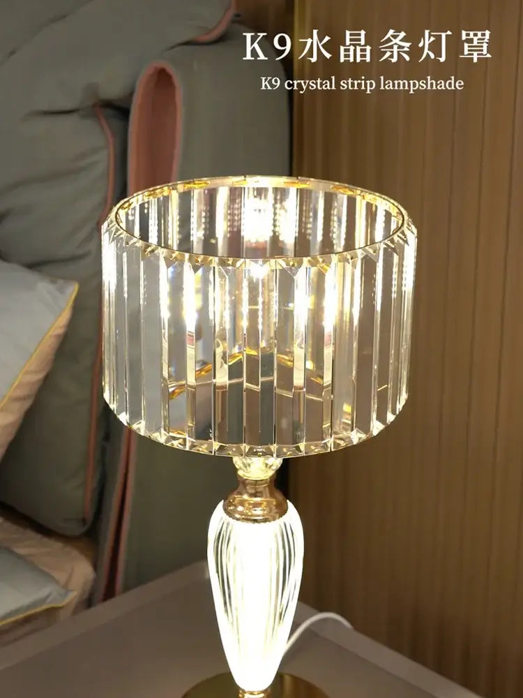 Elegant gold decorbites crystal desk lamp with k9 crystal strip lampshade and matching glass base for bedside use