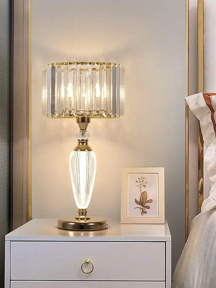 Elegant gold crystal desk lamp with faceted cylindrical shade and ribbed glass base for bedroom decorbites crystal desk use